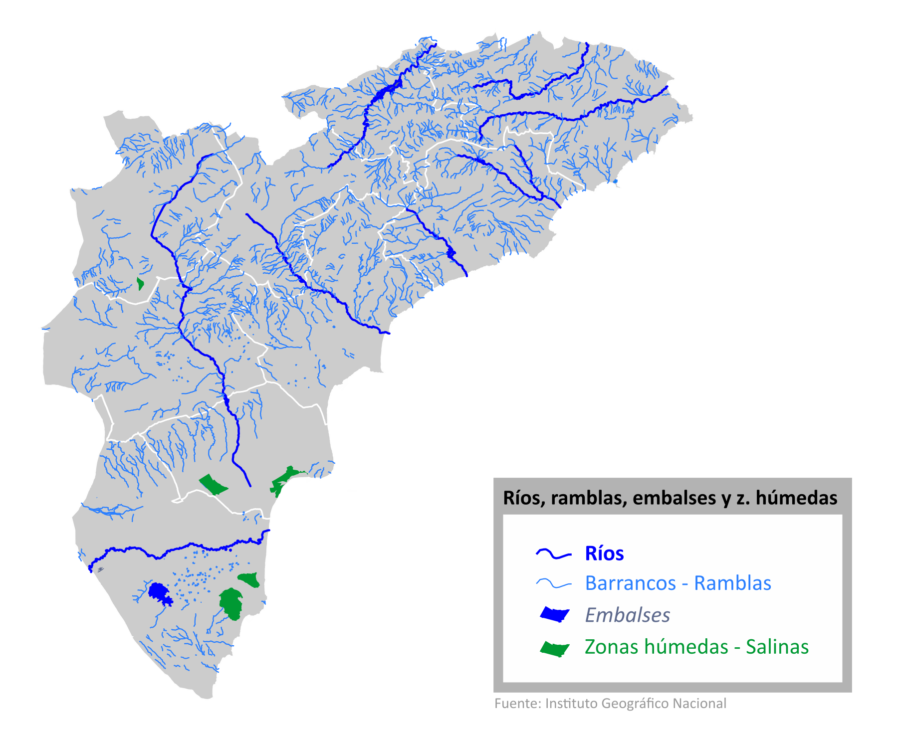 Mapa geográfico. Ríos, ramblas, embalses y zonas húmedas